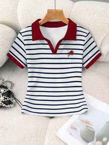 Camisa polo corta de mujer con estampado a rayas de equitación, cuello de color contrastante - Multicolor 4 - Ver 3