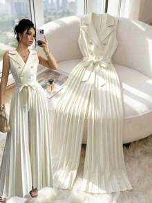 Mono plisado con diseño de chaleco cruzado elegante para mujer, color albaricoque, para primavera y otoño - Albaricoque - Ver 8
