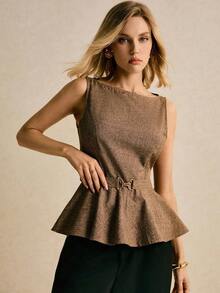 Blusa sin mangas elegante y casual con dobladillo con volantes, para verano - Marrón - Ver 6