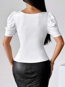 Camiseta ajustada de manga corta con cuello en V sexy y cremallera delantera - Blanco - Ver 2