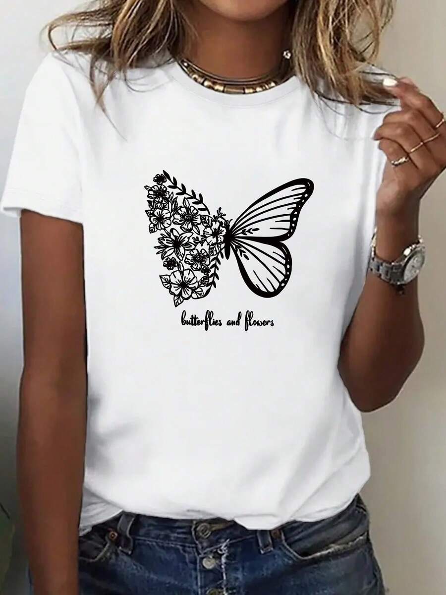 Limited Time Offer, Limited Quantities, Flash ! Women's Casual Shirts, Women's Polyester T-Shirts, Elegant Shirts. Women's Short-Sleeved Crew Neck T-Shirt With Butterfly Letter Print For Everyday Wear, Women's Fashion - 白色 - 查看 1