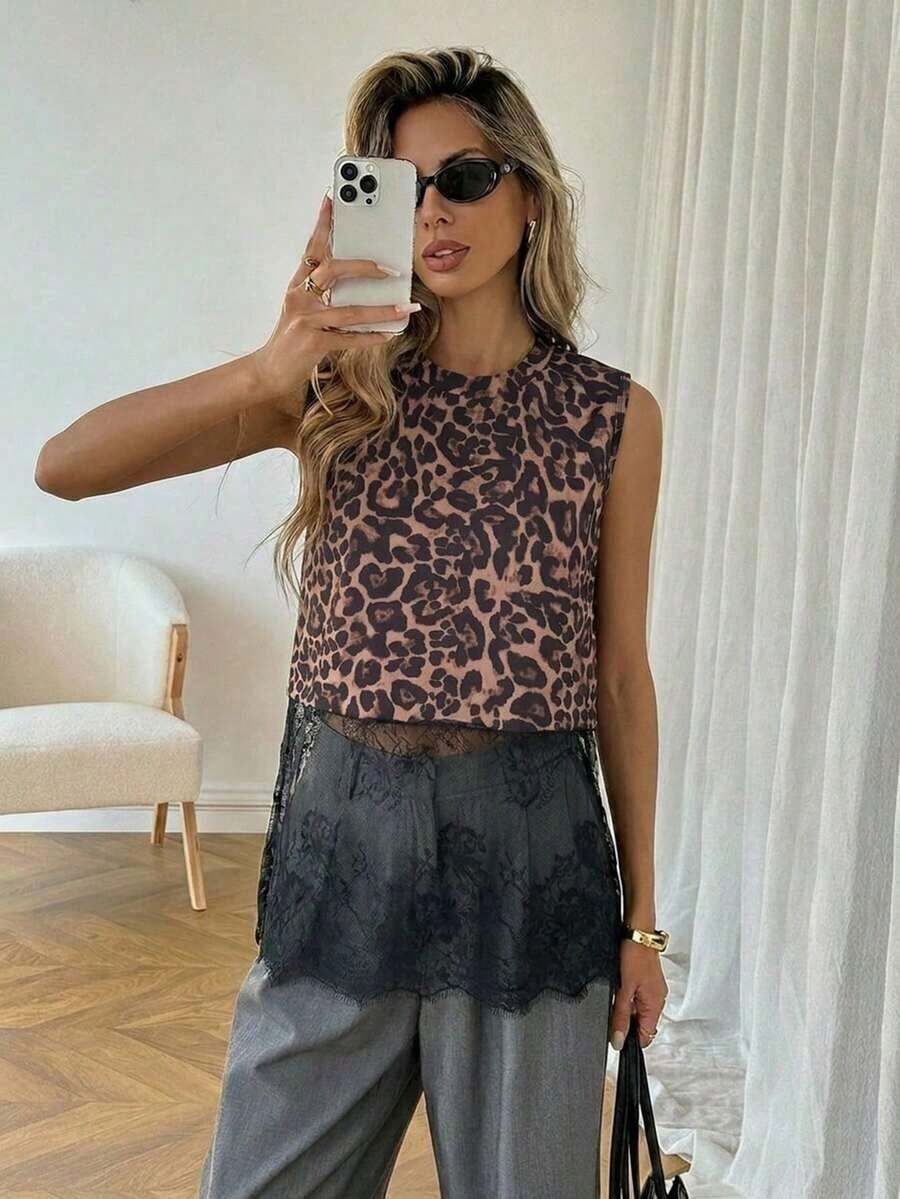 Top sin mangas de mujer con cuello redondo y dobladillo de encaje, primavera/verano - Multicolor - Ver 1