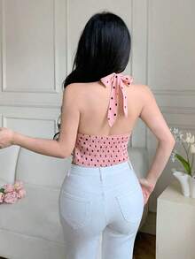 Elegante camiseta de tirantes con cuello halter, volantes y lunares estilo francés - Multicolor 5 - Ver 2