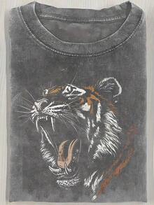 Short-Sleeved T-Shirt With Retro-Style Tiger Portrait Print, 230g, Heavy Wash, Batik, Double-Sided Print, Men's Short-Sleeved T-Shirt, Outdoor Sweater, Vintage Wash, 100% Cotton, For Everyday Use. - 灰色 - 查看 6