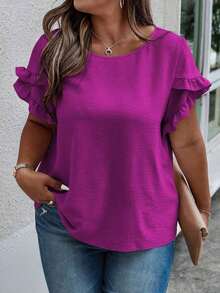 Blusa casual con cuello redondo, mangas con volantes y estampado floral para mujer de talla grande - Morado - Ver 3