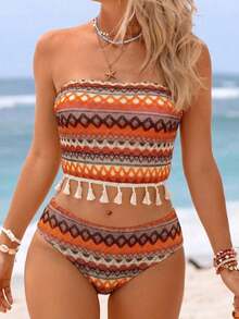 2 piezas Conjunto de bikini con camiseta de mujer, tela con textura a rayas de colores, decoración con flecos bohemios, estilo de resort de playa, adecuado para piscina y playa - Multicolor - Ver 4