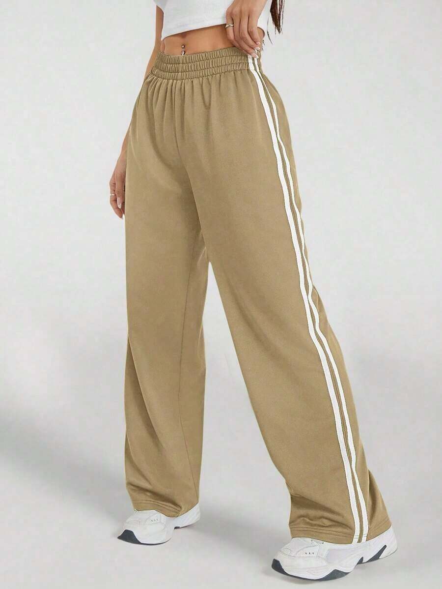 Pantalones casuales con rayas laterales negras, de estilo simple y de moda para uso diario, graduación, maestros y vuelta al colegio para mujeres - Caqui - Ver 1