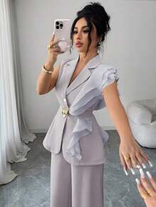 Traje formal elegante de mujer color albaricoque, conjunto de blazer con cuello de volantes de organza con lentejuelas y cintura con lazo, que incluye chaqueta sin mangas y pantalones rectos, color burdeos, adecuado para Halloween, Navidad, - Gris - Ver 3