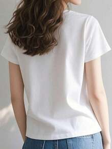 New Fashionable Women's T-Shirt With Round Neck And Duck Print, Casual Women's T-Shirt, Cute Cotton T-Shirt With Goose Print, 1 Piece, Lovely Graphic Print T-Shirt, Versatile Design Ready For Summer. - 黑色 - 查看 9