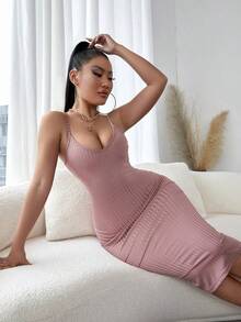 Vestido ajustado unicolor tejido de canalé - Rosa vieja - Ver 1