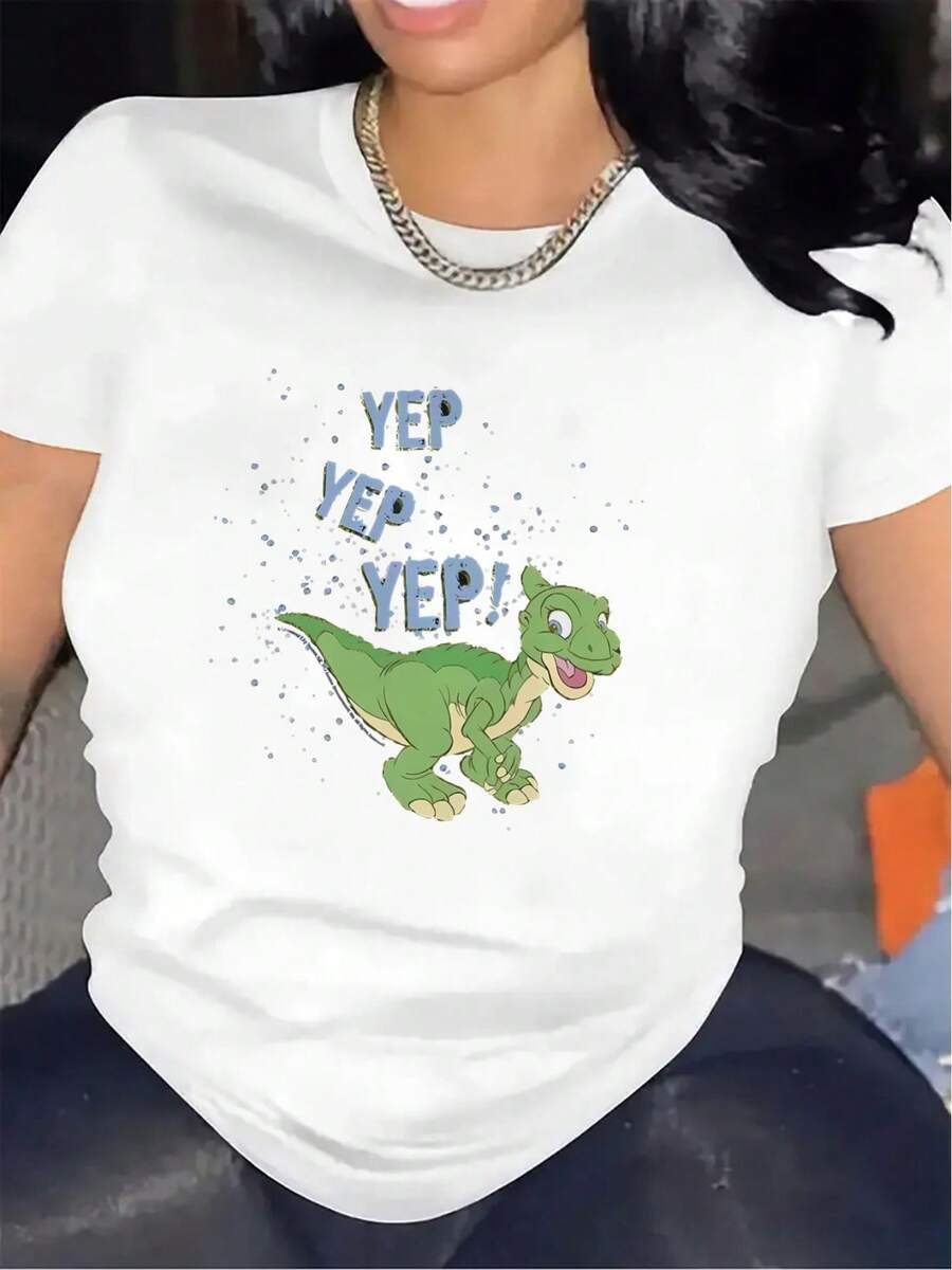 Dinosaur Graphic T-Shirt | Lightweight And Durable, Ideal For Home, Office Or Restaurant, Comfortable Fit, Stylish Design, Perfect For Everyday Wear, Crew Neck, Medium Stretch Fabric - 白色 - 查看 1
