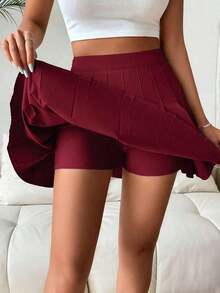 Falda pantalón casual de talle alto con pliegues y rayas para mujer - Burdeos - Ver 6