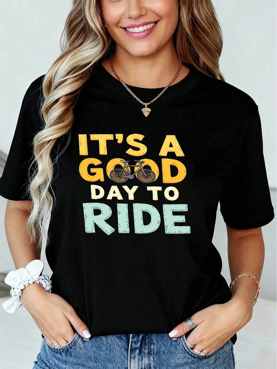 Vintage Bicycle Print T-Shirt, Short Sleeve, Round Neck, Casual Style, Suitable For Spring And Summer, Women's Clothing - Unisex Vintage Urban Style T-Shirt, Cotton, Short Sleeve, Round Neck - 黑色 - 查看 1