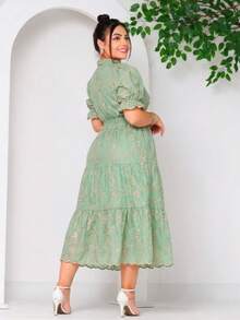 Women's Midi Dress With Embroidered Lace, All-Over Print, Embroidery, Button Detail, Ruffle Detail, Gathered Detail, Suitable For Formal And Evening Wear. - Green Bicolor 3d - View 2