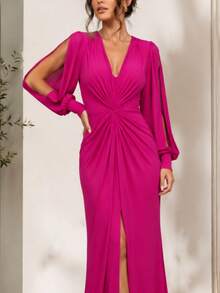 Bridesmaid Dress For Parties, Guests, Receptions, Graduations, Without Glitter, Long Sleeves, Sheer Fabric, And A Slit. - Màu Hoa hồng đỏ - Xem 2