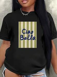 Camiseta de manga corta ligera y duradera, con un diseño estampado de Ciao Bella, perfecta para salidas informales, adecuada tanto para usar en casa como para salir a comer, de ajuste cómodo, con un patrón de rayas verde oliva.women's shirts - Negro - Ver 7