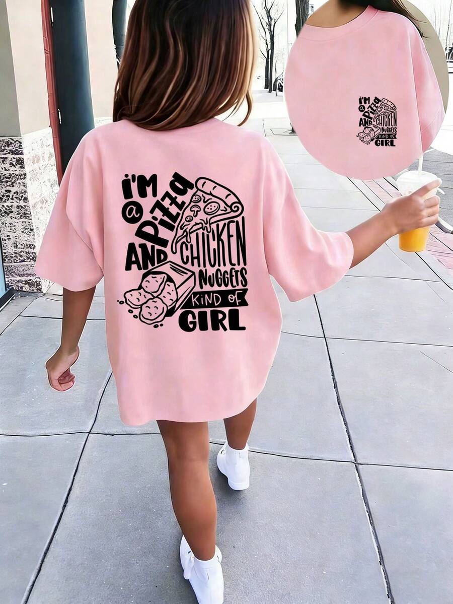 Camiseta de manga corta con cuello redondo y estampado divertido para niñas preadolescentes, top de verano - Rosa - Ver 1