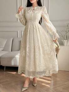 Vestido largo plisado de unicolor elegante con bordado para invitada de boda, vestido de verano - Beis - Ver 5
