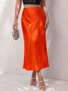 Falda en A de satén elegante y versátil para mujer - Naranja Quemada - Ver 8