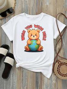 Camisetas gráficas de mujer, camisetas de mujer con estampado "You Were Here Bear Holding Earth%", camisetas de algodón transpirables para verano, playeras de mujer de algodón. - Blanco - Ver 3