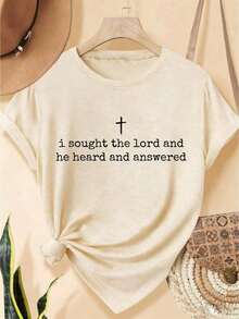 Women's Graphic T-Shirt With "I Sought The Lord And He Heard Me And Answered Me" Print, Bible Verse Print, Summer Tops, Casual Vacation Outfits, Christian Aesthetic Cotton T-Shirts, Summer Clothing. - 杏色 7 - 查看 2