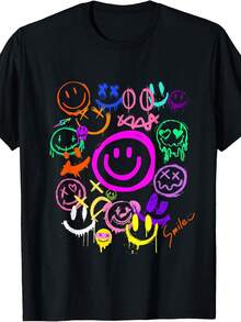 Camiseta Estampada para Mujer - Camiseta Casual de Manga Corta y Cuello Redondo en Negro con Diseño de Carita Feliz Neón, Corte Relajado para Todas las Estaciones, Perfecta para el Uso Diario y Atuendos de Vacaciones, Lavable aáquina. - Negro - Ver 1