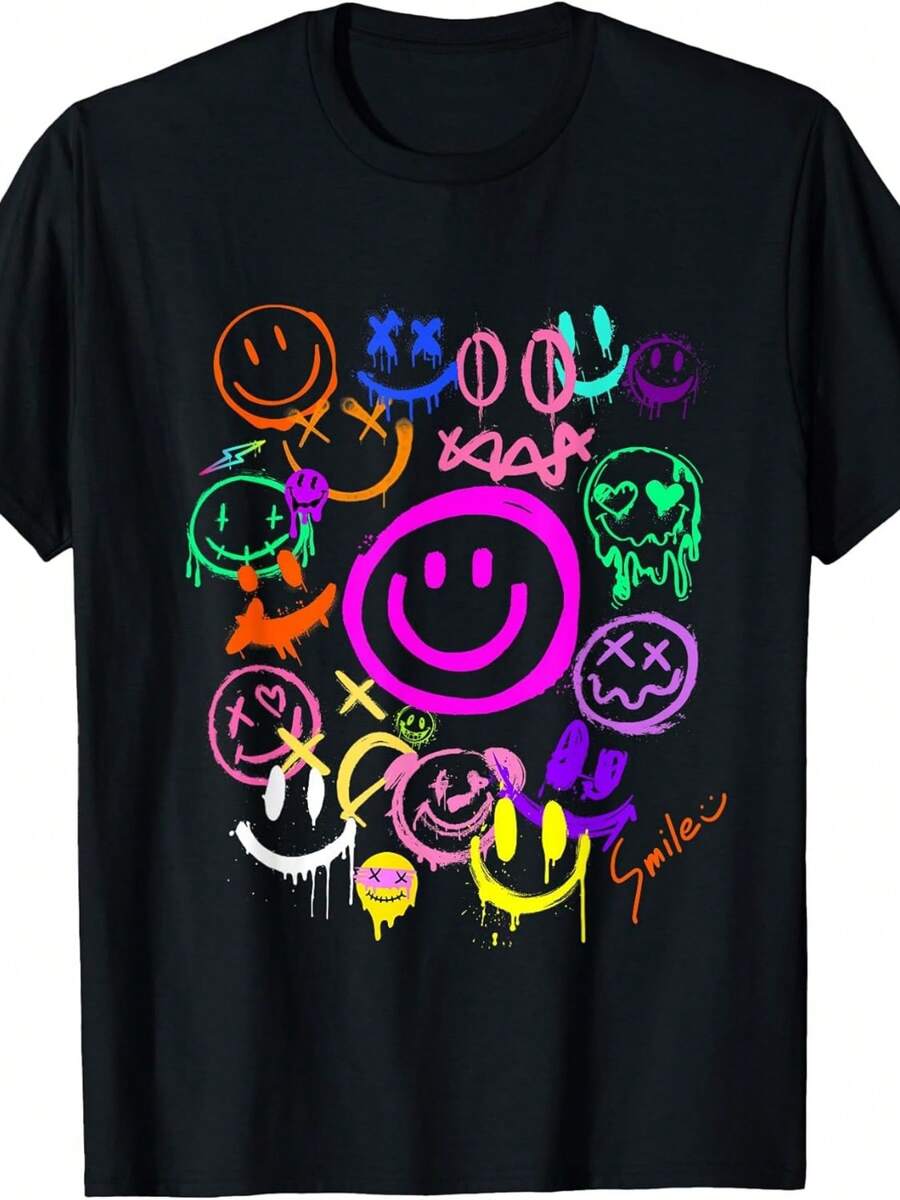 Camiseta Estampada para Mujer - Camiseta Casual de Manga Corta y Cuello Redondo en Negro con Diseño de Carita Feliz Neón, Corte Relajado para Todas las Estaciones, Perfecta para el Uso Diario y Atuendos de Vacaciones, Lavable aáquina. - Negro - Ver 1
