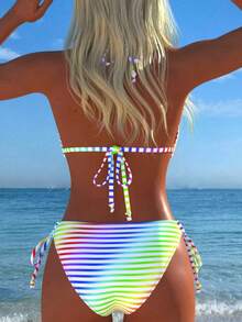 Women's Colorful Halter Bikini Set With Rainbow Stripes Swimsuit For Beach New Arrival Festival Summer Holiday Outfits Sexy Two Pieces Vacation - Multicolor - View 3