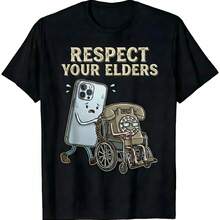 Graphic T-Shirt For Men And Women "Respect Your Elders" - Soft Cotton , Short Sleeves, Crew Neck, Unisex Urban Style Garment - Modern Smartphone And Retro Rotary Phone Design, Teddy Bear Graphic - Humorous Gadget Evolution T-Shirt For Techies Tiktokshopspringg - 黑色 - 查看 11