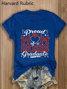"Proud Mom Of A Class Of 2026 Graduate" T-Shirt - 1 Piece, 100% Multicolor, Crew Neck, Y2K Fashion, Vintage, Breathable, Streetwear, Casual, Versatile, Summer Essential - Gift For Family Reunions, Women's College Graduation T-Shirt - 藍色 - 查看 7