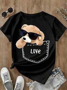Camiseta con Estampado de Osito de Peluche con Corazón, Gafas de Sol Modernas, Camiseta de Osito de Peluche Estilo Retro, Ropa Linda para el Día de San Valentín, Ropa Linda Adecuada par - Negro - Ver 7