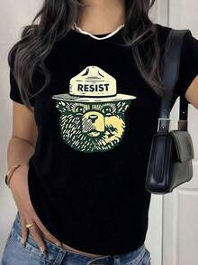 100%cottonOso con sombrero y mensaje de resistencia que transmite fuerza y conciencia ambiental en camiseta de mujer 100% algodón New Summer Women's T-shirt, Casual and Comfortable Crew Neck TopSuitable for spring, summer and autumn - Negro - Ver 7