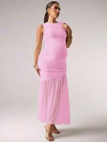 MaterniChic Vestido sin mangas fruncido de unicolor elegante para maternidad - Rosa Pálido - Ver 7