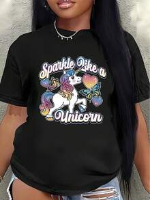 Camiseta de manga corta de poliéster, adornada con un estampado de unicornio brillante, ligera y duradera, adecuada para el hogar, la oficina o para fiestas informales, con un diseño de unicornio colorido, cómoda de llevar.blusas para mujer>ropa - Negro - Ver 6