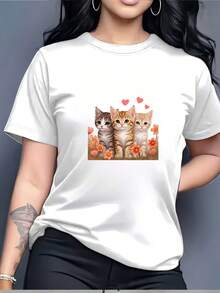 Camiseta de mujer 100% algodón con diseño de tres gatos - ideal para festivales de música de verano y reuniones familiares, un regalo perfecto para amantes de los gatos, camiseta suave y cómoda con diseño festivo de corazón. Camiseta de mujer de color sólido simple, corte holgado y ajustado, manga corta casual. - Blanco - Ver 7