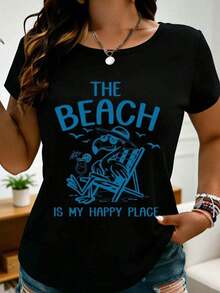 The Beach Is My Happy Place, Women's Summer T-Shirt With Parrot On Lounge Chair Design, Casual Vacation Clothes, Funny Graphic T-Shirt - 黑色 - 查看 6