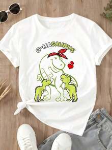Cartoon T-Shirt With Dinosaur Mom G Masauros And Babies, Cute T-Shirt For Women, Funny Gift For Mother's Day, Casual Black Top. - 白色 - 查看 3