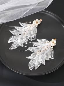 2pcs Handmade Braided Faux Pearl Hair Clips, Elegant Bridal Wedding Accessories,Hair Barrettes,Hair Claws - White - View 8