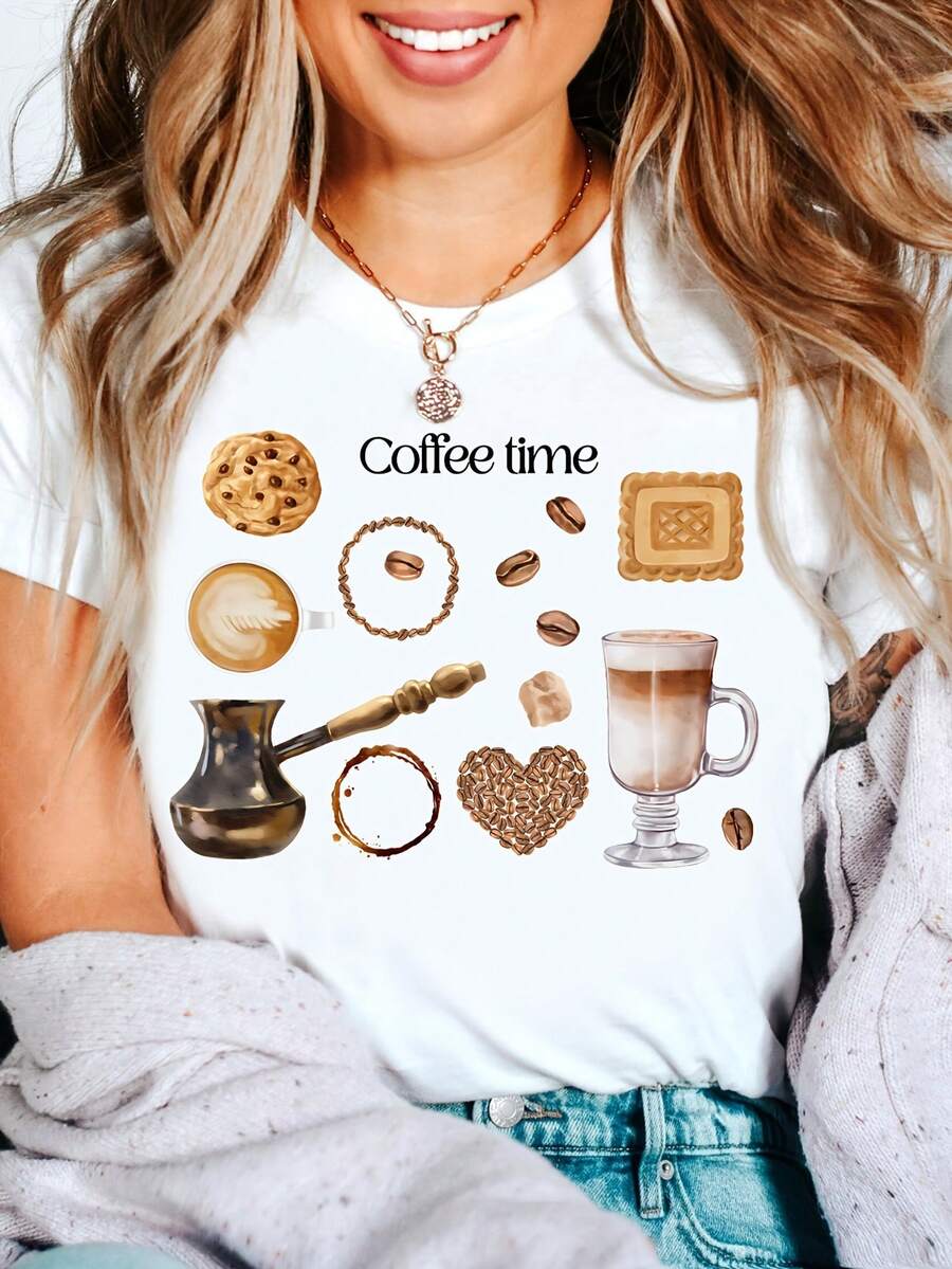 1 camiseta estampada "Coffee Time", café de la tarde, regalo para amantes del café, 180g 100% algodón - Blanco - Ver 1