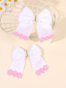 2pcs/Set White Bow Hair Clips For Girls, Cute Blue Flower Decor Bow Hair Clips, Exquisite Pearl Rhinestone Flower Decor Alligator Clips, Ribbon Hair Clips Party Hair Accessories Wedding Headwear For Girls And Teens - Multicolor - View 3