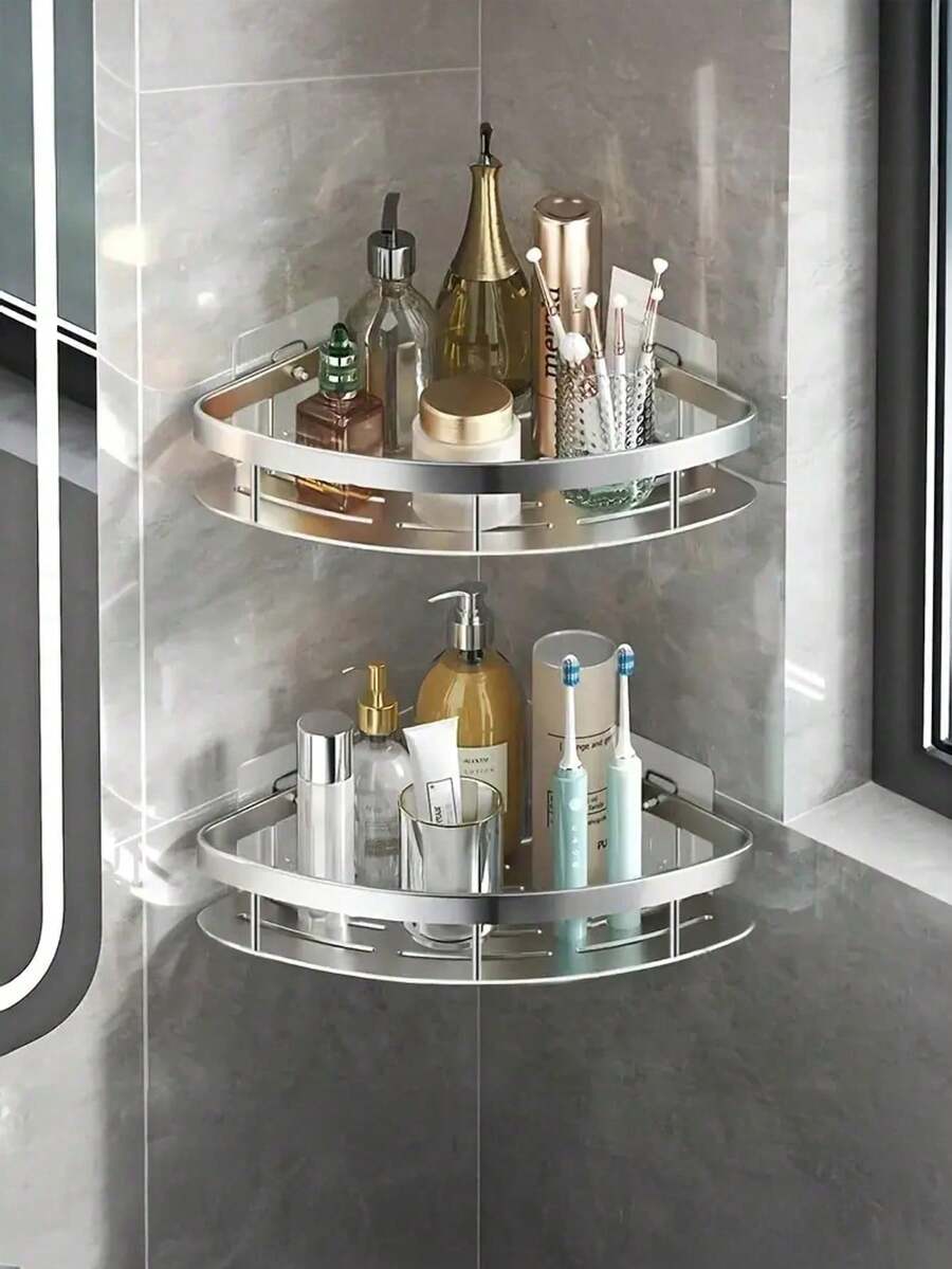 Stainless Steel Bathroom Corner Shelf, No-Drill Adhesive Shower Caddy, Wall-Mounted Storage Rack For Shampoo, Toothbrush And Cosmetics - Black - View 1
