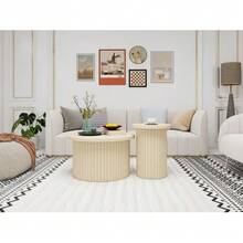 Round Coffee Table Set In A Pack Of 2 With Natural Wood Look And Wave-Shaped Structure – Integrated Side Table, Ideal For Living Room, Bedroom, Study Or Office - Natural - View 8