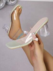 New Mesh High Heel Shoes, Women's Fashion Chunky Crystal Heel Summer Sandals, Party Shoes - Mint Green - View 2