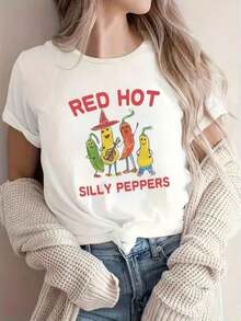 Women's Casual T-Shirt, Short Sleeve Sports Top With Red Hot Silly Peppers Cartoon Print, Ideal For Holidays - 白色 - 查看 1