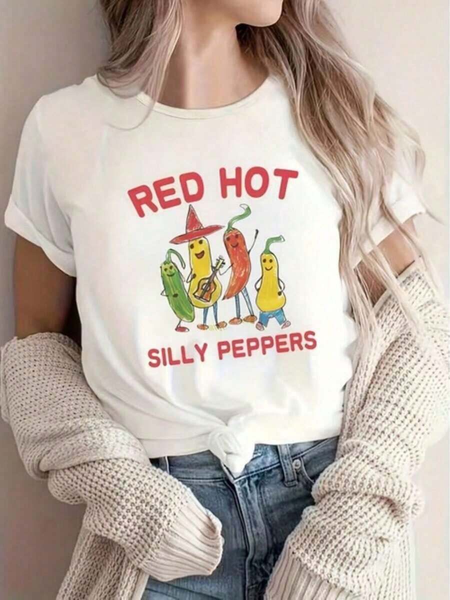 Women's Casual T-Shirt, Short Sleeve Sports Top With Red Hot Silly Peppers Cartoon Print, Ideal For Holidays - 白色 - 查看 1