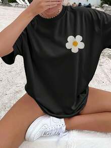 [Double-Sided Print] Women's Pure Cotton T-Shirt For Spring And Summer, Beach Fashion, Cool Style, White Floral Print With Lettering, Casual Short-Sleeved T-Shirt With Round Neck, Dropped Shoulders And Loose Fit With "Ore Flowers Please" Print [Chu K] Elegant Party Outfit, T-Shirt For Elegant Ladies, Blouses Suitable For Curvy Women, Prom Skirts, Casual Wear - 黑色 - 查看 2