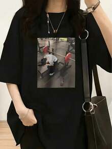 1 Piece Homies Good Buddies Cartoon Print T-Shirt - Women's Casual Short Sleeve Crew Neck T-Shirt, Soft Cotton, 180g, 100% Cotton. - 黑色 5 - 查看 1