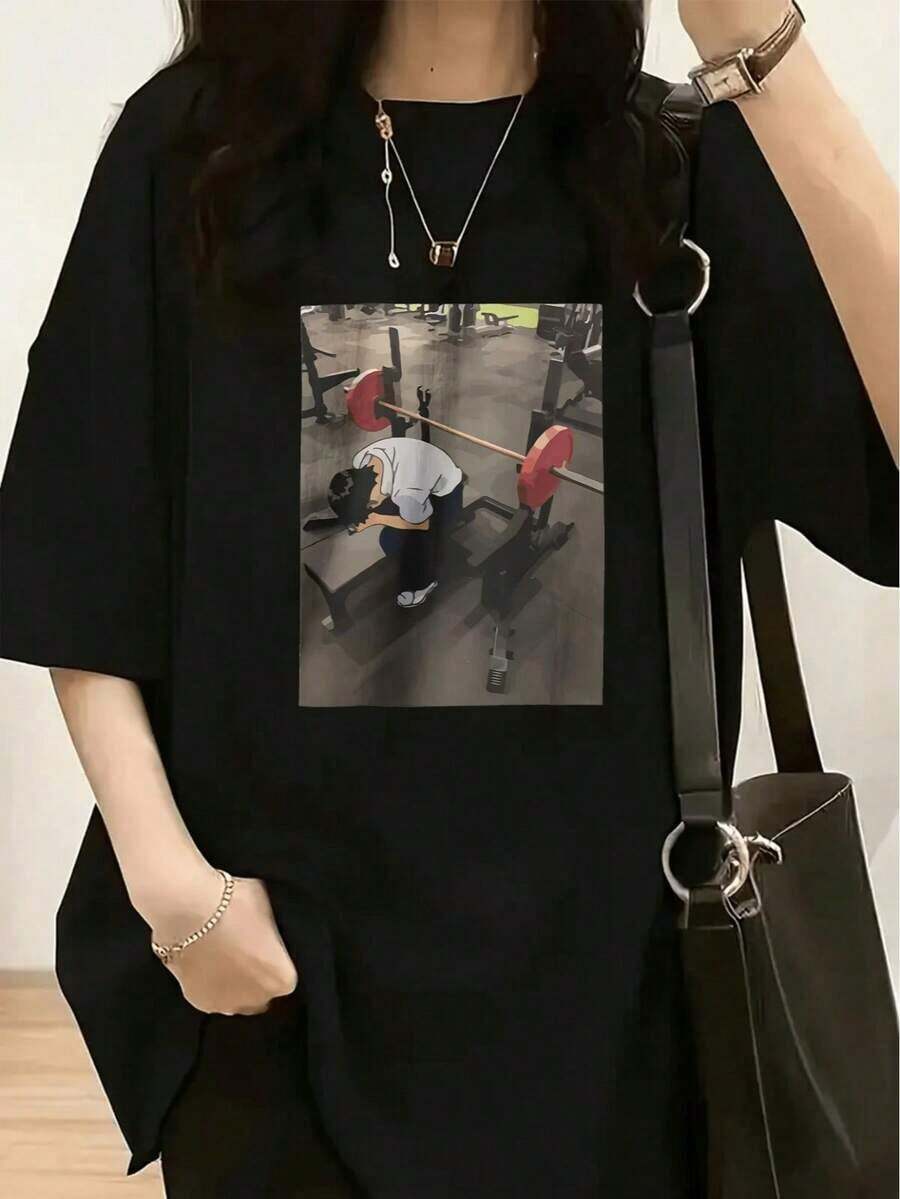 1 Piece Homies Good Buddies Cartoon Print T-Shirt - Women's Casual Short Sleeve Crew Neck T-Shirt, Soft Cotton, 180g, 100% Cotton. - 黑色 5 - 查看 1