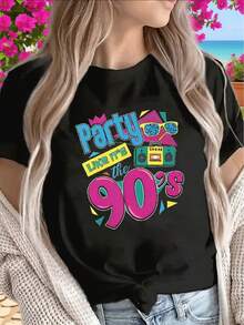 New And Modern Short-Sleeved T-Shirt Made Of Pure Cotton, With A Retro 90s Design, Suitable For Casual Wear At Home, Parties, Or Restaurants. Lightweight And Durable, Comfortable And Loose-Fitting, Adult Size - Unisex Cotton Short-Sleeved Crew Neck T-Shirt, Urban Retro Style. - 黑色 - 查看 2