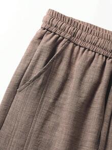1pc Brown Faux Linen Textured Men's Long Pants, Men's Textured Wide Leg Long Pants, Men's Pants, Lightweight Breathable Fabric Loose Casual Fit, Vacation Style, Summer Beach Men's Casual Pants, Machine Washable, Suitable For Daily, Vacation, Beach And Multiple Occasions - Coffee Brown - View 9